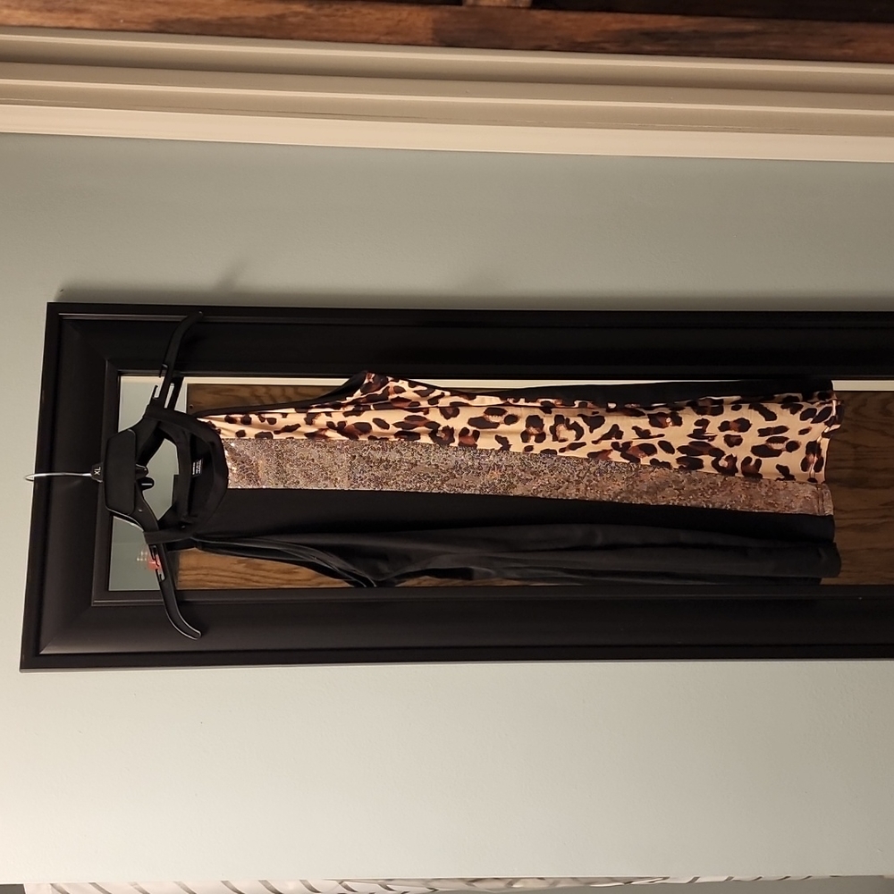 Shein bodycon dress black, gold sequin  and leopard print size large